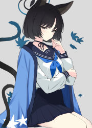 1girl absurdres animal_ears black_eyes black_hair blue_archive blue_halo blue_haori blue_neckerchief blue_sailor_collar blue_skirt cat_ears cat_girl choker colored_inner_animal_ears halo hand_to_own_mouth haori highres japanese_clothes kikyou_(blue_archive) kurumi_kororin long_sleeves looking_at_viewer multiple_tails neckerchief pleated_skirt ribbon_choker sailor_collar school_uniform serafuku shirt short_hair sitting skirt solo tail two_tails white_shirt