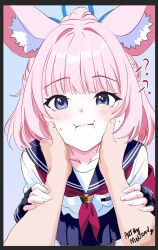 1girl 1other animal_ear_fluff animal_ears armband black_gloves blue_archive blue_eyes blue_sailor_collar blue_skirt blush closed_mouth fingerless_gloves fox_ears fox_girl gloves hands_on_another&#039;s_face highres holding_another&#039;s_arm long_hair looking_at_viewer melissa_v2 neckerchief niko_(blue_archive) pink_hair ponytail pov red_armband red_neckerchief sailor_collar sensei_(blue_archive) sidelocks skirt sweatdrop