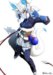 Rule 34 | 1girl, animal ear fluff, animal ears, arm at side, arm up, between breasts, black shirt, black thighhighs, blue gloves, blue hair, blue horns, blue necktie, blue skin, breast pocket, breasts, closed mouth, collared shirt, colored skin, extra ears, fingerless gloves, full body, fur-trimmed belt, fur trim, ginkaku (kemono friends), gloves, gourd, grey horns, hair tubes, head tilt, highres, holding, holding weapon, holding whip, horns, kashisu mint, kemono friends, kemono friends 3, legs apart, long hair, long sleeves, looking at viewer, medium breasts, miniskirt, multicolored hair, multicolored horns, necktie, necktie between breasts, ok sign, oni, orange eyes, parted bangs, plaid clothes, plaid skirt, pleated skirt, pocket, sash, shirt, shirt tucked in, shoes, single horn, skirt, slit pupils, solo, standing, tail, thigh strap, thighhighs, two-tone hair, two-tone horns, underbust, v-shaped eyebrows, weapon, whip, white background, white hair, white shoes, wing collar, zettai ryouiki