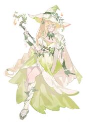 1girl absurdres aesc_(fate) aesc_(rain_witch)_(fate) artist_request blonde_hair blue_eyes blush commission dress fate/grand_order fate_(series) glasses hair_between_eyes hat highres long_hair second-party_source simple_background smile solo staff witch_hat
