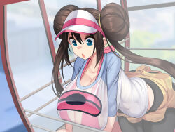 1girl bikini black_pantyhose blue_eyes breast_press breasts brown_hair cleavage collarbone creatures_(company) double_bun ferris_wheel game_freak hair_between_eyes hair_bun highres huge_breasts kawahagitei long_hair looking_down nintendo open_mouth pantyhose pink_bikini poke_ball_print pokemon pokemon_bw2 raglan_sleeves rosa_(pokemon) see-through_clothes shorts sidelocks swimsuit visor_cap yellow_shorts