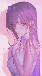 1girl blue_eyes blue_hair blue_nails bracelet breasts commentary daseinsu earrings from_side hair_intakes hashtag-only_commentary hololive hololive_english jewelry large_breasts looking_at_viewer mole ouro_kronii shirt shoulder_blades sleeveless sleeveless_shirt solo sweat upper_body virtual_youtuber