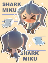 &gt;_&lt; 1girl 3d absurdres adapted_costume blue_hair blush chibi chibi_only english_text fang fins fish_tail hatsune_miku highres lavy_(lavnko) necktie open_mouth shark shark_girl shark_tail smile sparkle tail vocaloid
