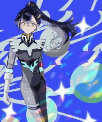 1girl absurdres black_hair cowboy_shot gundam gundam_gquuuuuux hair_ornament hairclip highres long_hair looking_at_viewer mecha_pilot_suit nyaan_(gundam_gquuuuuux) planet ponytail solo weicinitashanglelutu yellow_eyes
