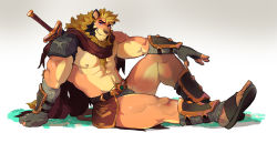 1boy abs bandages bara belt biceps cape facial_hair furry furry_female gauntlets gloves highres lion_boy looking_at_viewer male_focus male_underwear muscular muscular_arms muscular_legs muscular_male nipples original red_eyes saltypoundcake sandals shoulder_pads sitting skirt smile solo sword thighs tusks underwear warrior weapon