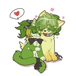 :3 animal animal_ear_fluff animal_focus animalization black_bow black_bowtie blonde_hair boom_balloon_flower bow bowtie cat chain chinese_commentary closed_eyes closed_mouth commentary_request covered_eyes flower food-themed_hair green_hair hair_between_eyes hair_over_eyes headbutter_lettuce heart multicolored_hair no_humans pink_flower plants_vs._zombies plants_vs._zombies_2 red_brooch shadow short_hair side_ponytail simple_background spoken_heart streaked_hair tail tail_bow tail_ornament tail_wagging tongue tongue_out traditional_bowtie two-tone_hair u_u veghia white_background