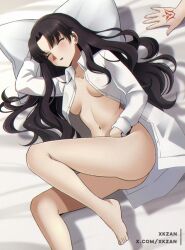 Rule 34 | 1boy, 1girl, artist name, barefoot, bed sheet, black hair, black panties, breasts, closed eyes, command spell, fate/grand order, fate (series), fujimaru ritsuka (male), hair down, ishtar (fate), long hair, lying, navel, on side, out of frame, panties, parted lips, pillow, shirt, sleeping, small breasts, solo focus, stomach, thighs, underwear, very long hair, white shirt, xkzan