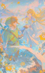 Rule 34 | 1boy, 1girl, absurdres, bakutiku, belt, bird, blonde hair, cloud, cloudy sky, dress, flower, green headwear, hair tubes, highres, holding hands, link, long dress, long hair, looking at another, master sword, nintendo, outdoors, pointy ears, princess zelda, scenery, sidelocks, sky, the legend of zelda, the legend of zelda: skyward sword, water, white dress