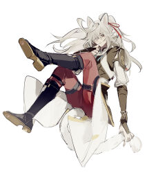 1boy animal_ears boots cat_boy cat_ears full_body gloves grey_hair hair_over_one_eye hair_ribbon highres honkai:_star_rail honkai_(series) jing_yuan long_hair long_sleeves looking_at_viewer male_focus mississipping official_alternate_costume pants ponytail red_pants red_ribbon ribbon sitting solo tail