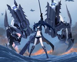 32zzz aircraft azur_lane bikini bikini_top_only black_bikini black_boots black_hair black_jacket black_rock_shooter black_rock_shooter_(character) black_shorts blue_eyes boots flaming_eye full_body highres holding holding_sword holding_weapon jacket katana knee_boots long_hair looking_at_viewer outdoors rigging ship_turret shorts smoke standing swimsuit sword twintails water weapon