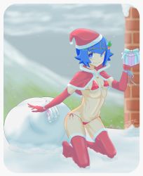 1girl 2017 absurdres alternate_costume bag bikini blue_eyes blue_hair cameltoe capelet chimney christmas covered_erect_nipples elbow_gloves female_focus gloves hat highres holding kneeling lana_(pokemon) nintendo outdoors panties pokemon pokemon_sm roof santa_hat shiroko_shou side-tie_panties smile snow solo swimsuit thighhighs underwear