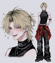 1boy absurdres bare_shoulders bell-bottoms belt_collar black_collar black_pants black_shirt black_shoes blonde_hair blush chain chain_necklace closed_mouth clothes_around_waist collar commentary ear_piercing earrings english_commentary fangs full_body grey_background grey_eyes hand_on_own_hip highres jewelry looking_at_viewer male_focus medium_hair midriff_peek necklace open_mouth original oysi_mysi pants piercing portrait shirt shirt_around_waist shoes simple_background skin_fangs sleeveless sleeveless_shirt slit_pupils smile sparkle tongue_piercing twitter_username