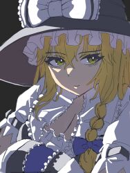 1girl bags_under_eyes black_hat blonde_hair blue_bow bow braid breasts cleavage closed_mouth commentary_request cookie_(touhou) frilled_hat frills grey_background hair_bow hat hat_bow highres kirisame_marisa knees_up long_hair mars_(cookie) medium_breasts shirt side_braid single_braid smile solo suzuki_kenichi touhou upper_body white_bow white_shirt witch_hat yellow_eyes