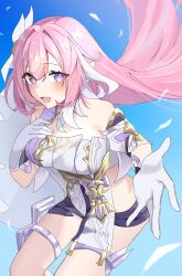 1girl black_shorts blue_sky breasts commentary_request corset diamond-shaped_pupils diamond_(shape) elf elysia_(herrscher_of_human:_ego)_(honkai_impact) elysia_(honkai_impact) gloves h2o_omizu highres honkai_(series) honkai_impact_3rd large_breasts long_hair looking_at_viewer open_mouth pink_hair pointy_ears purple_eyes reaching reaching_towards_viewer short_shorts shorts sky solo symbol-shaped_pupils thigh_strap veil very_long_hair white_corset white_gloves white_veil
