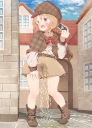 1girl 22m absurdres belt blue_sky blush boots bow bowtie brown_boots brown_capelet brown_eyes brown_hat camera capelet day deerstalker embarrassed full_body hand_up hat highres holding jacket loli long_sleeves open_mouth original outdoors pee peeing peeing_self pigeon-toed plaid_clothes plaid_hat plaid_jacket puddle red_bow red_bowtie shirt short_hair skirt sky solo standing wet wet_clothes white_shirt
