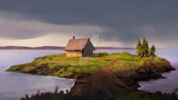 cambocreation cloud cloudy_sky dirt_road flock house hut island landscape mountainous_horizon no_humans ocean original painterly road scenery sky tree watermark
