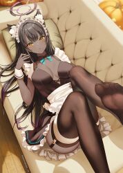 1girl black_hair blue_archive breasts cleavage dark-skinned_female dark_skin detached_collar hair_spread_out highres kana_yukino karin_(blue_archive) long_hair looking_at_viewer solo yellow_eyes