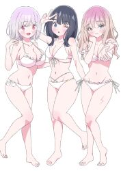 3girls ass bikini black_hair blue_eyes blush breasts brown_hair green_eyes gridman_universe gridman_universe_(film) highres large_breasts long_hair looking_at_viewer minami_yume multiple_girls open_mouth purple_hair red_eyes scar scar_on_leg shinjou_akane sho_(shoshos_8888) short_hair simple_background smile swimsuit takarada_rikka thighs white_background white_bikini