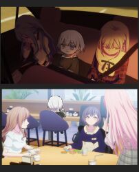 6+girls bang_dream! bang_dream!_it&#039;s_mygo!!!!! blue_eyes blue_hair brown_hair chair chihaya_anon closed_mouth commentary_request crying cup dress drinking_straw green_hair grey_hair heterochromia highres indoors kaname_raana long_hair long_sleeves lyy matcha_(food) multiple_girls nagasaki_soyo on_chair pink_hair plaid_clothes plaid_dress screenshot_background shirt short_hair sitting sticky_note table takamatsu_tomori togawa_sakiko vehicle_interior wakaba_mutsumi white_hair white_shirt yellow_eyes