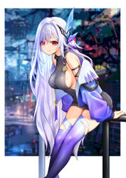 Rule 34 | 1girl, against railing, alternate costume, bare shoulders, black sweater, blush, border, breasts, closed mouth, commentary request, genshin impact, hair intakes, hair ornament, highres, jacket, large breasts, long hair, long sleeves, looking at viewer, off shoulder, open clothes, open jacket, outside border, puffy long sleeves, puffy sleeves, purple jacket, purple thighhighs, railing, red eyes, royboy, sideboob, skirk (genshin impact), sleeveless, sleeveless sweater, sleeveless turtleneck, sleeveless turtleneck sweater, smile, solo, sweater, thighhighs, thighs, turtleneck, white border, white hair