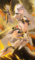 1girl absurdres body_markings breasts closed_mouth colored_eyelashes commentary_request erdos_helia erdos_helia_(planar_armament:_warped_spacetime) facial_mark gauntlets grey_hair hair_intakes hand_up headgear highres honkai_(series) honkai_impact_3rd large_breasts linea_alba long_hair looking_at_viewer mole mole_under_eye navel ooo_wange red_pupils solo stomach thighs very_long_hair white_eyelashes yellow_eyes