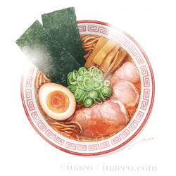 artist_name bowl commentary_request food inaco meat no_humans noodles nori_(seaweed) original pork ramen signature simple_background softboiled_egg steam white_background