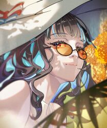 1girl bare_arms bare_shoulders black_hair blue_hair breasts colored_inner_hair dress eienuta eyeliner eyewear_on_head fate/grand_order fate_(series) flower glasses grey_eyes hat highres long_hair looking_at_viewer makeup multicolored_hair original outdoors pink_lips shadow smile solo sun_hat sunglasses tenochtitlan_(fate) tenochtitlan_(swimsuit_mooncancer)_(fate) tenochtitlan_(swimsuit_mooncancer)_(second_ascension)_(fate) tinted_eyewear white_dress white_hat yellow_flower