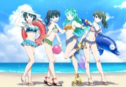 Rule 34 | 4girls, :o, adjusting clothes, adjusting headwear, alternate hairstyle, ball, beach, beachball, bikini, bikini skirt, black hair, blue bikini, blue eyes, blue nails, blue sarong, blue sky, boots, breasts, brown eyes, brown hair, cloud, cloudy sky, collarbone, commentary request, cone horns, creator connection, day, flip-flops, frilled skirt, frills, front-tie bikini top, front-tie top, green bikini, green eyes, green hair, green neckwear, grin, hair rings, hat, hat ribbon, hatorion, high heel boots, high heels, highres, higurashi kagome, holding, horns, inflatable dolphin, inflatable toy, innertube, inuyasha, kyoukai no rinne, layered skirt, leaning forward, leaning to the side, leg up, legs, lens flare, light particles, long hair, looking at viewer, lum, mamiya sakura, medium breasts, microskirt, multiple girls, nail polish, navel, ocean, open mouth, outdoors, p-chan, parted lips, pig print, pink bikini, pink nails, pleated skirt, pointy ears, ponytail, ranma 1/2, red ribbon, ribbon, sailor bikini, sailor collar, sandals, sarong, shadow, short hair, side-tie bikini bottom, side ponytail, single horizontal stripe, skindentation, skirt, sky, small breasts, smile, standing, sun hat, super soaker, swim ring, swimsuit, tendou akane, toeless footwear, toenail polish, toenails, urusei yatsura, white hair, yellow bikini, yellow sandals