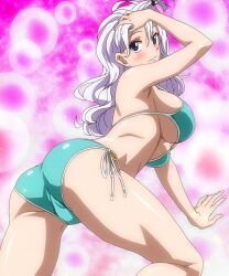 1girl anime_screenshot arms_up ass bikini blue_eyes breasts fairy_tail female_focus front_ponytail highres huge_ass large_breasts long_hair looking_at_viewer mirajane_strauss silver_hair solo stitched swimsuit third-party_edit trefoil underboob
