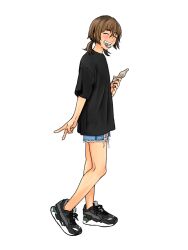 1boy black_shirt black_shoes brown_hair commentary fang grin highres male_focus medium_hair original pants papico_(ice_cream) shirt shoes short_shorts short_twintails shorts simple_background smile sneakers t-shirt tomo_(yuki_touko) torn_clothes torn_pants trap twintails v white_background yuki_touko