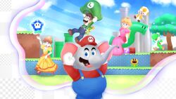 2girls 3boys ?_block animal_ears blonde_hair blue_eyes brown_hair crown dinosaur dress earrings elephant_ears elephant_mario facial_hair floating flower flower_earrings gloves grin hat inchworm_pipe jewelry looking_at_viewer luigi mario mario_(series) multiple_boys multiple_girls mustache nintendo orange_dress overalls pink_dress prince_florian princess_daisy princess_peach puffy_short_sleeves puffy_sleeves running short_sleeves sitting smile super_mario_bros._wonder tail talking_flower_(mario) toad_(mario) tree warp_pipe wonder_flower yoshi