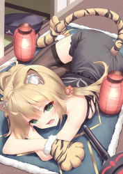 1girl absurdres ahoge animal_ears animal_hands artoria_caster_(fate) artoria_pendragon_(fate) beret blonde_hair blue_carpet blue_hat breasts carpet excalibur_morgan_(fate) fate/grand_order fate_(series) flashlight fur fur_trim gloves green_eyes hat highres long_hair looking_at_viewer open_mouth ornament panties pantyshot paw_gloves raimeso235 small_breasts smile solo sword tail teeth tiger tiger_tail underwear weapon