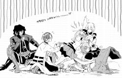 &gt;_&lt; @_@ absurdres armored_boots boots character_request closed_eyes dress etrian_odyssey fingerless_gloves gloves greyscale hair_between_eyes hand_on_another&#039;s_head hand_up highres ice_pack jacket knee_boots monochrome nikki_kyousuke o_o open_mouth pants phalanx_(sekaiju) phalanx_2_(sekaiju) pleated_skirt shirt skirt sleeveless sleeveless_dress teardrop translation_request v-shaped_eyebrows watermark wavy_mouth white_background