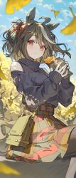 1girl ahoge alternate_costume animal_ears autumn autumn_leaves bare_shoulders black_hair black_sweater blurry blush closed_mouth clothing_cutout commentary_request depth_of_field falling_leaves food food_on_face hair_ribbon highres holding holding_food horse_ears horse_girl kitasan_black_(umamusume) leaf long_sleeves looking_at_viewer maple_leaf multicolored_hair ningen_mame plaid_clothes plaid_skirt puffy_long_sleeves puffy_sleeves red_eyes red_ribbon ribbon roasted_sweet_potato short_hair shoulder_cutout sitting skirt solo streaked_hair sweater sweater_tucked_in sweet_potato turtleneck turtleneck_sweater two_side_up umamusume white_hair