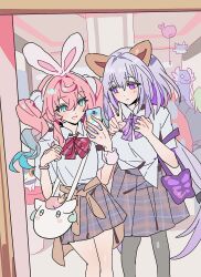2girls :&lt; alternate_costume animal_ears aqua_eyes aqua_hair bag black_pantyhose castorice_(honkai:_star_rail) character_bag character_request collared_shirt colored_inner_hair commentary contemporary drill_hair fake_animal_ears fox_ears gradient_hair grin handbag hashtag-only_commentary highres holding holding_phone honkai:_star_rail honkai_(series) hyacine_(honkai:_star_rail) little_ica_(honkai:_star_rail) long_hair mimlmi multicolored_hair multiple_girls neck_ribbon pantyhose phone pink_hair plaid_clothes plaid_skirt purple_eyes purple_hair purple_ribbon rabbit_ears red_ribbon ribbon school_uniform shirt skirt smile twin_drills very_long_hair white_shirt