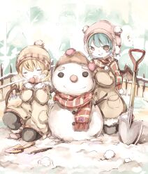 2girls absurdres bat_wings black_pantyhose blonde_hair blue_hair breath chigu coat fence flandre_scarlet full_body fur-trimmed_coat fur-trimmed_shoes fur-trimmed_sleeves fur_trim hat highres iron_fence kneeling mittens multicolored_wings multiple_girls open_mouth outdoors pantyhose purple_hat red_mittens red_scarf remilia_scarlet scarf shovel siblings sisters snow snowball touhou wings winter winter_clothes winter_coat