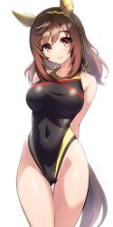 1girl animal_ears arms_behind_back black_one-piece_swimsuit breasts brown_eyes brown_hair buena_vista_(umamusume) checkered_hairband competition_swimsuit covered_navel ear_covers hairband highleg highleg_one-piece_swimsuit highres horse_ears horse_girl horse_tail medium_breasts medium_hair multicolored_hair multicolored_swimsuit one-piece_swimsuit pataneet simple_background solo standing streaked_hair swimsuit tail umamusume white_background