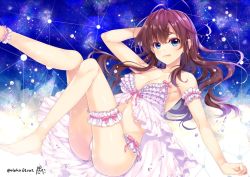 1girl ahoge alpha_(yukai_na_nakamatachi) ankle_garter arm_garter arm_support arm_up ass babydoll bare_shoulders blue_background blue_eyes blush breasts brown_hair cleavage collarbone feet female_focus frilled_thigh_strap frills hair_between_eyes hip_focus ichinose_shiki idolmaster idolmaster_cinderella_girls knee_up leg_up legs licking_lips long_hair looking_at_viewer medium_breasts navel panties sitting smile solo thigh_strap tongue tongue_out twitter_username underwear wavy_hair white_panties
