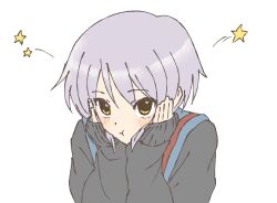 :t black_cardigan blue_sailor_collar blush cardigan from_above hands_on_own_cheeks hands_on_own_face highres kita_high_school_uniform long_sleeves nagato_yuki purple_hair sailor_collar school_uniform short_hair simple_background sleeves_past_wrists star_(symbol) suzumiya_haruhi_no_yuuutsu waka_849 white_background yellow_eyes