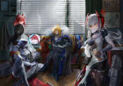 2boys 2girls absurdres anger_vein animal_ear_fluff animal_ears arknights armor black_cape black_dress black_gloves black_pantyhose black_shorts blonde_hair blush cape closed_mouth crossed_legs dress fiammetta_(arknights) fiammetta_(judgment_day)_(arknights) fingerless_gloves full_armor fur-trimmed_cape fur_trim gauntlets gloves grey_hair hair_between_eyes helmet highres holding horse_ears indoors long_hair long_sleeves looking_at_viewer mlynar_(arknights) mlynar_(roar_against_the_wild)_(arknights) multiple_boys multiple_girls official_alternate_costume orange_eyes pantyhose red_hair sankta_miksaparato_(arknights) short_sleeves shorts sitting slit_pupils torn_clothes torn_pantyhose w_(arknights) weapon white_dress wis&#039;adel_(arknights) wis&#039;adel_(supernova)_(arknights) yi_ke_bo_he_tang