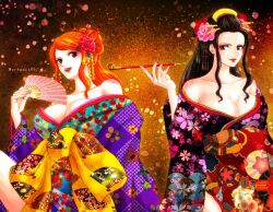Rule 34 | 2girls, bare shoulders, black hair, breasts, cleavage, commentary request, eyeshadow, floral print, floral print kimono, hair bun, hair ornament, half updo, hand fan, highres, holding, holding fan, holding smoking pipe, japanese clothes, kimono, long hair, makeup, multiple girls, nami (one piece), nico robin, obi, one piece, orange hair, oregano551, petals, print kimono, red eyeshadow, sash, sidelocks, smile, smoking pipe, swept bangs, twitter username, wide sleeves