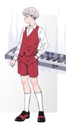 1boy black_shoes closed_mouth collared_shirt commentary_request fade_(haircut) full_body genderswap genderswap_(ftm) grey_background grey_hair hand_in_pocket highres instrument keyboard_(instrument) kneehighs long_sleeves looking_ahead lyrica_prismriver male_focus miyamoto_(dominocube6) red_shoes red_shorts red_vest shirt shoes short_hair shorts simple_background socks solo standing touhou vest white_background white_shirt white_socks