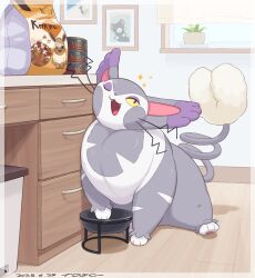 Rule 34 | cat, colored sclera, dated, desk, eevee, gen 1 pokemon, gen 4 pokemon, glameow, gomuhimo (nawataro), grey fur, highres, indoors, nintendo, no humans, one eye closed, open mouth, pokemon, pokemon (creature), purugly, signature, solo, tail, two-tone fur, white fur, yellow sclera