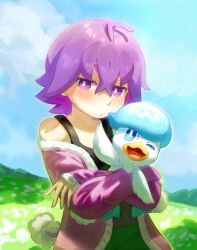 Rule 34 | 1girl, absurdres, antenna hair, bai shui zhu yu-, blush, bright pupils, cardigan, closed mouth, commentary request, crossed arms, day, dot (pokemon), grass, green pants, highres, holding, holding pokemon, long sleeves, medium hair, nintendo, off shoulder, outdoors, pants, pokemon, pokemon (anime), pokemon (creature), pokemon horizons, purple cardigan, purple eyes, purple hair, quaxly, shirt, sleeveless, sleeveless shirt, sleeves past wrists, white pupils