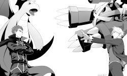 2boys belt cape claws closed_mouth commentary_request crossed_arms dragonite eye_contact floating_cape from_side gen_1_pokemon gen_3_pokemon greyscale jacket jewelry lance_(pokemon) long_sleeves looking_at_another male_focus mega_metagross mega_pokemon metagross monochrome multiple_boys nintendo open_clothes open_jacket outstretched_arm pants pokemon pokemon_(creature) pokemon_hgss pokemon_oras ring short_hair spiked_hair steven_stone vest y_(036_yng)