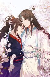 Rule 34 | 2boys, arms at sides, black hair, black hanfu, blurry, blurry foreground, branch, brown hair, cherry blossoms, chinese clothes, closed eyes, closed mouth, coat, coat on shoulders, couple, day, depth of field, falling petals, flower, hair tie, hanfu, headband, height difference, high ponytail, highres, jujeop, korean commentary, lan wangji, long hair, long sleeves, male focus, modao zushi, multiple boys, open clothes, open coat, outdoors, parted bangs, petals, pink flower, ponytail, profile, robe, sash, sidelocks, smile, standing, topknot, tree, upper body, very long hair, wei wuxian, white background, white coat, white hanfu, white headband, wide sleeves, xiao guan (headdress), yaoi