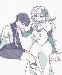 Rule 34 | 1boy, 1girl, aged up, arm at side, arm support, armlet, artist name, asymmetrical sidelocks, belt, black belt, black bodysuit, black collar, black eyes, black hair, black shorts, blunt ends, blush, bodysuit, braid, breasts, cleavage, closed mouth, collar, covered collarbone, cross-shaped pupils, detached collar, detached sleeves, dress, eyelashes, fingernails, frilled collar, frills, full-face blush, furisode, genshin impact, green brooch, green eyes, green hair, green sleeves, hakama, hakama shorts, hand on another&#039;s chin, head down, highres, japanese clothes, jewelry, juban, kimono, large breasts, limited palette, long braid, long hair, looking at another, looking down, multicolored hair, nahida (genshin impact), open clothes, open kimono, pizakureya73, pointy ears, rope, scaramouche (genshin impact), short sleeves, shorts, side braid, sitting, smile, strapless, strapless dress, streaked hair, sweatdrop, symbol-shaped pupils, very long hair, wanderer (genshin impact), white background, white dress, white kimono, white sleeves