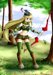 1girl arrow_(projectile) belt belt_pouch bicorne blonde_hair blue_eyes blue_hat blue_sky boots bow_(weapon) bra_strap breasts brown_belt brown_boots cloud commentary_request fingerless_gloves full_body gloves grass green_gloves green_scarf green_shorts green_thighhighs green_tube_top hal_masquerade hat highres holding holding_bow_(weapon) holding_weapon long_hair looking_afar medium_breasts midriff navel open_fly open_mouth outdoors pointy_ears pouch quiver ragnarok_online ranger_(ragnarok_online) scarf shorts sky solo strapless thighhighs tree tube_top weapon