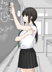 1girl black_eyes black_hair black_skirt board_eraser breasts chalk chalkboard classroom door fuku_(fuku12290574) green_necktie highres holding indoors large_breasts long_hair low_ponytail necktie original pleated_skirt ponytail school_uniform shirt short_sleeves skirt standing white_shirt