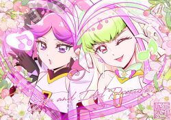 2girls artist_logo bare_shoulders black_gloves blonde_hair bloom blowing_kiss blunt_bangs braid choker cure_kiss cure_zukyuun dress earrings elbow_gloves finger_gun finger_gun_to_head floral_background flower fortissimo frilled_dress frilled_sleeves frills gloves gradient_hair green_hair hair_extensions hair_ornament hair_ribbon hair_tie hair_wings half_gloves heart_frame idol jewelry kamikita_futago kimi_to_idol_precure logo long_hair mature_female meroron_(human_form) multicolored_hair multiple_earrings multiple_girls musical_note musical_note_hair_ornament one_eye_closed open_mouth parted_bangs pearl_earrings pink_flower pink_hair pink_lips precure puffy_dress puffy_short_sleeves puffy_sleeves purirun_(human_form) purple_eyes red_eyes ribbon ribbon_choker ribbon_trim short_sleeves twin_braids twintails upper_body white_flower white_gloves wing_hair_ornament